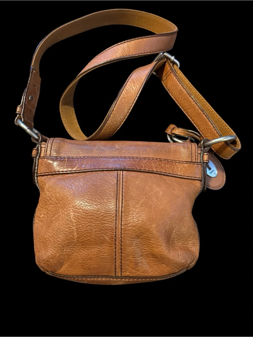 Fossil Vintage Cognac Leather Crossbody with Silver Turn-Lock